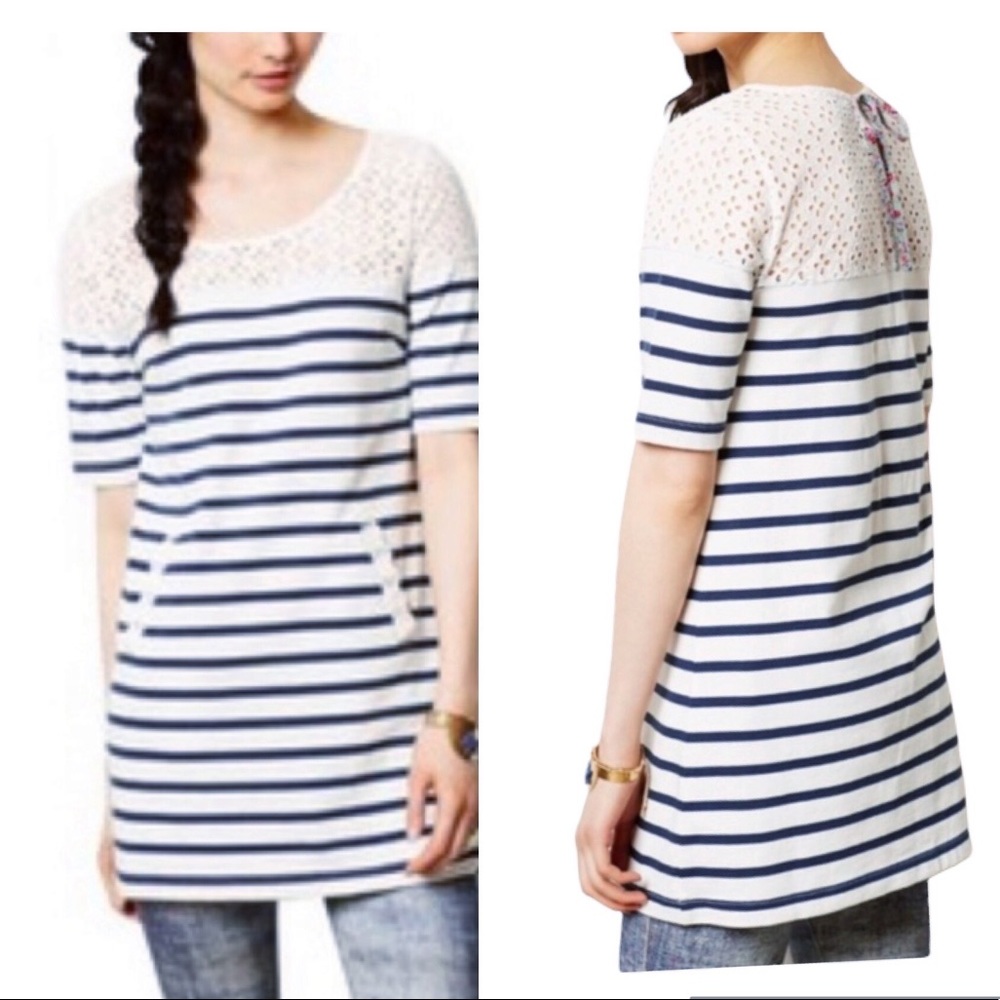 🎈SALE Anthropologie POSTMARK Eyelet Cotton Top Size S Pockets Stripes Nautical